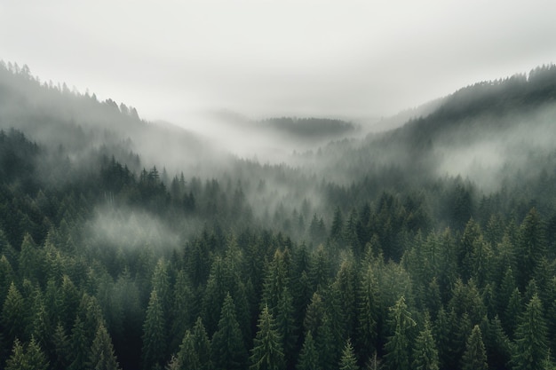 霧がかかった空の森と森を背景にした森。