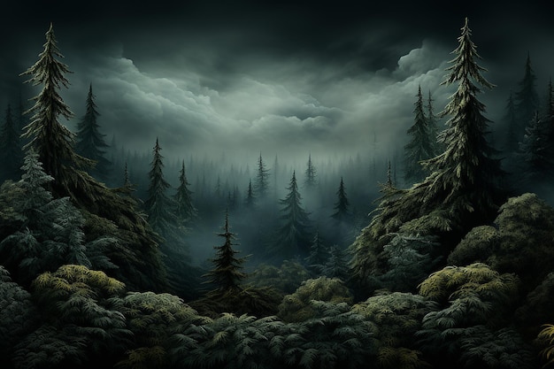 a forest with a forest and a cloudy sky