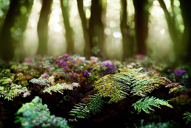 a forest with a forest of ferns and moss.