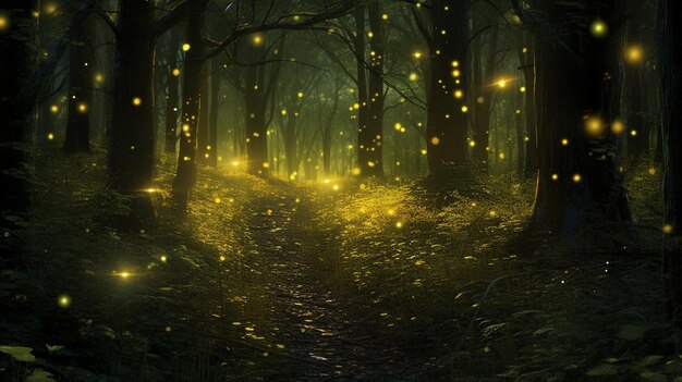 A forest with a forest floor and a forest floor with a forest floor and a glowing fireflies flying in the sky.