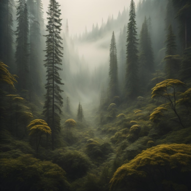 A forest with a forest of trees and fog.