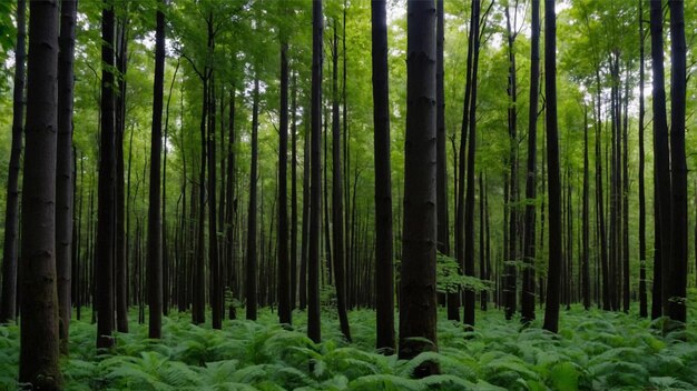 Foto una foresta con una foresta d'alberi che ha una foresta di felci