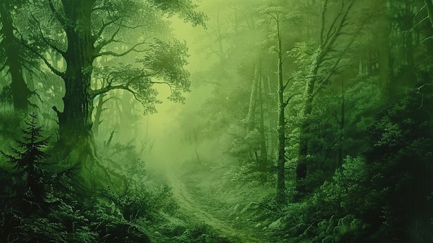 a forest with a forest with a green background and a forest with trees and a forest of fog