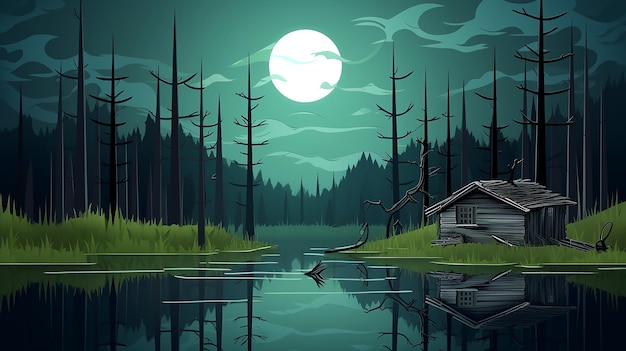 a forest with a full moon and a cabin in the background