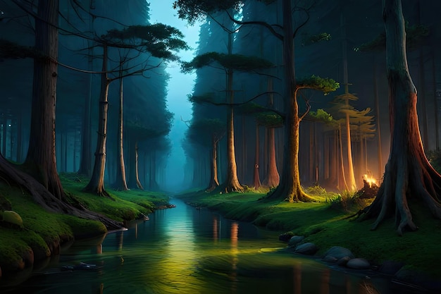 A forest with a glowing light on the left side