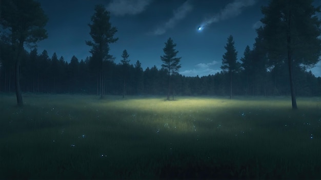 Photo a forest with grass and trees and blue sky with small clouds