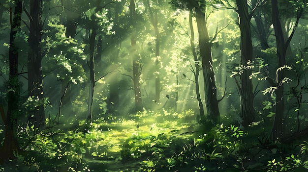 a forest with a green background and a path in the middle of the woods