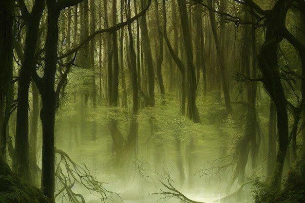 A forest with a green background