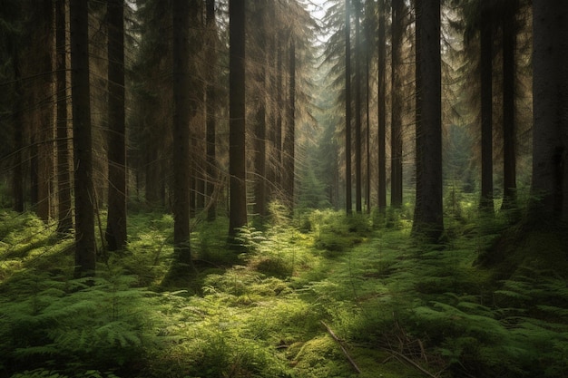 A forest with a green forest and the sun shining through the trees