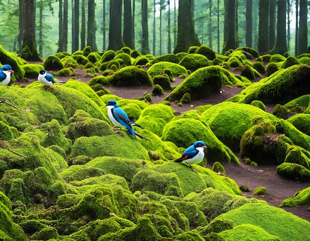 緑の苔と青い鳥のいる森