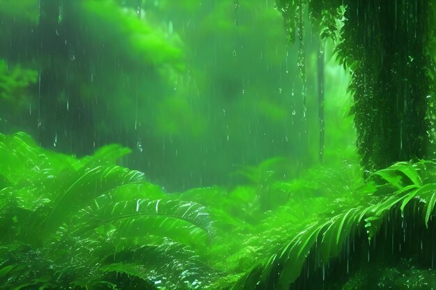 a forest with a green plant and some water droplets