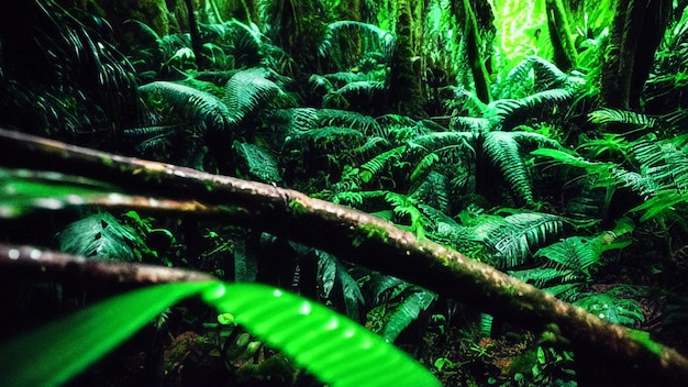 Foto una foresta con piante verdi e un albero sullo sfondo