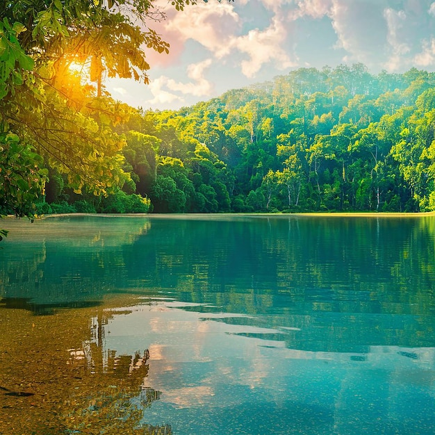 a forest with a lake and a forest in the background