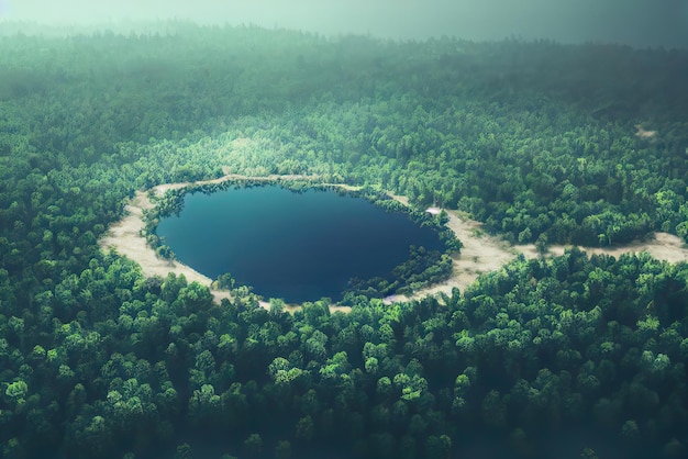 A forest with a lake in the middle and a forest in the background