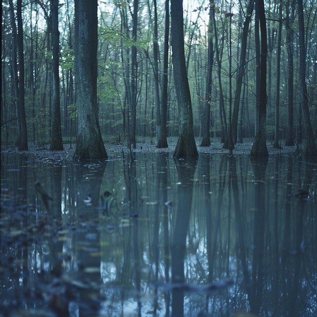 Foto una foresta con un lago e alberi in primo piano e un riflesso di alberi nell'acqua