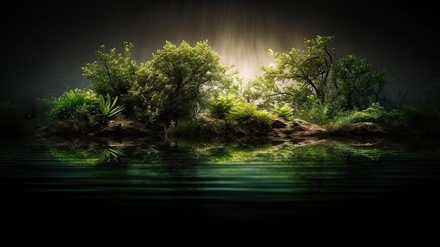 A forest with a lake and trees on it