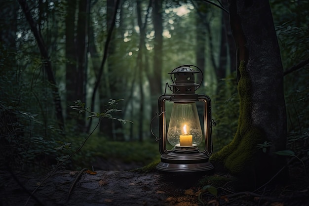 Лес с фонарем и свечами создает безмятежную обстановку, созданную с помощью генеративного ИИ