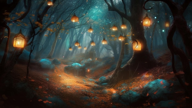 A forest with lanterns on the ground