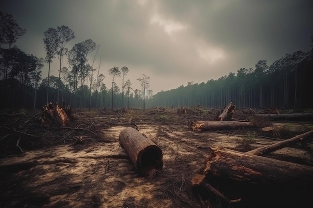 A forest with a large tree stump in the foreground and a cloudy sky in the background.