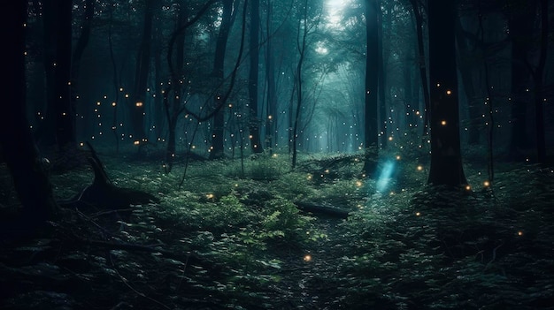 A forest with a light in the dark