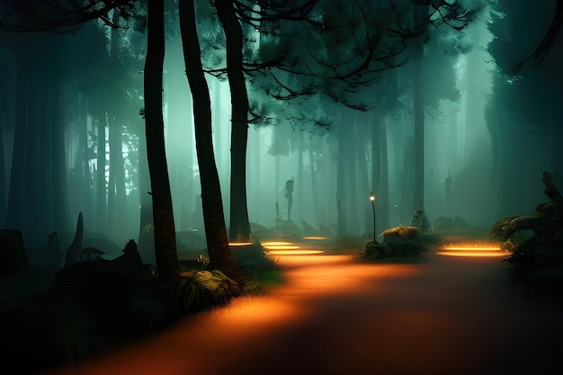 A forest with a light on the ground