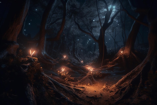 A forest with lights in the dark