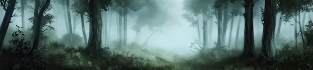 Photo a forest with a lot of trees and fog in the background