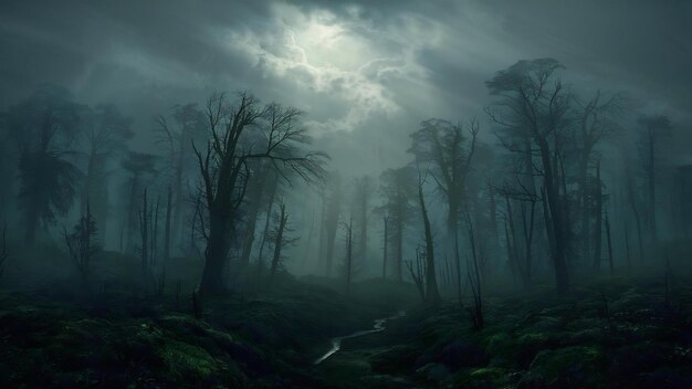 Лес с большим количеством деревьев и туманом