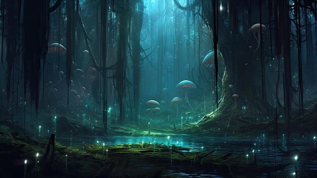 A forest with many mushrooms