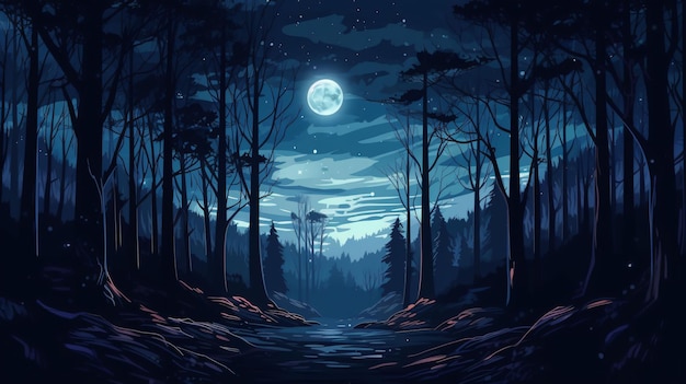 A forest with a moon in the background