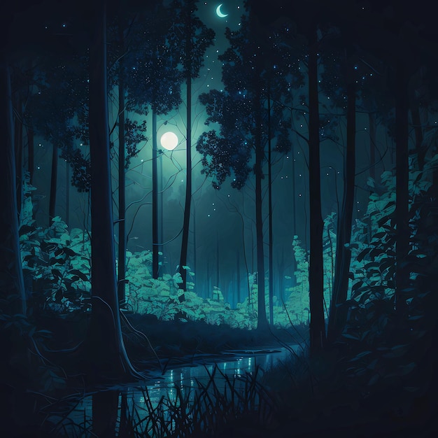 A forest with a moon and stars on the bottom