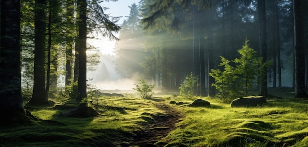 Forest with morning mist background Generative AI