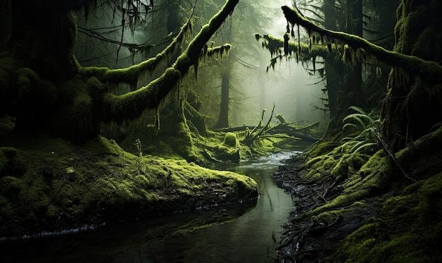 a forest with moss covered trees and a stream running through it