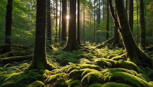 a forest with moss covered trees and a sun shining through the trees