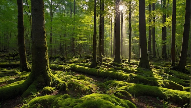 a forest with moss covered trees and a trail in the woods