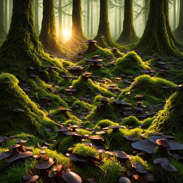 a forest with mosscovered mushrooms