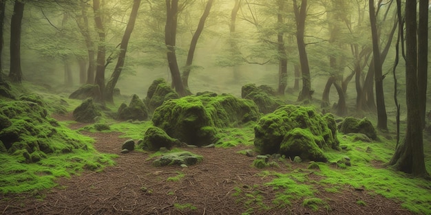 A forest with mossy rocks and trees.