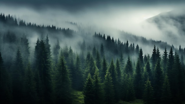 a forest with a mountain in the background