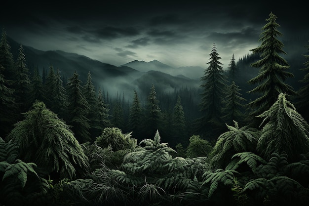 a forest with a mountain in the background