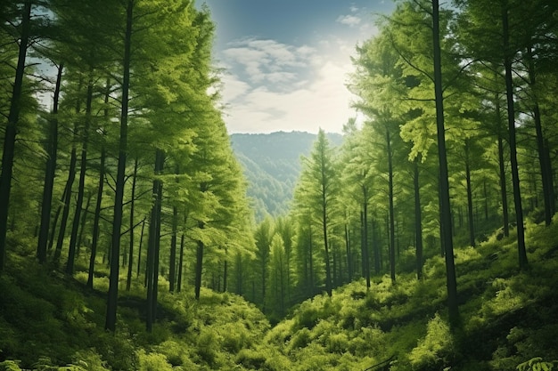 a forest with a mountain in the background