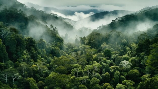 A forest with mountains in the background