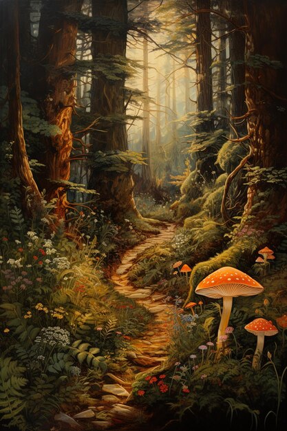 a forest with a mushroom and a forest path