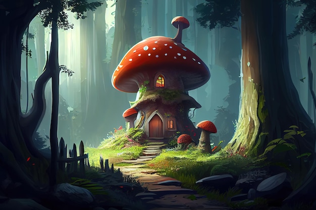 A forest with a mushroom house Generative Ai