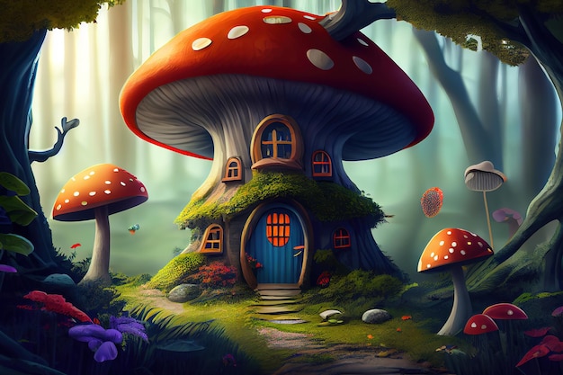 A forest with a mushroom house Generative Ai
