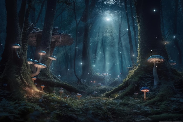 A forest with mushrooms and a blue light that is lit up in the dark