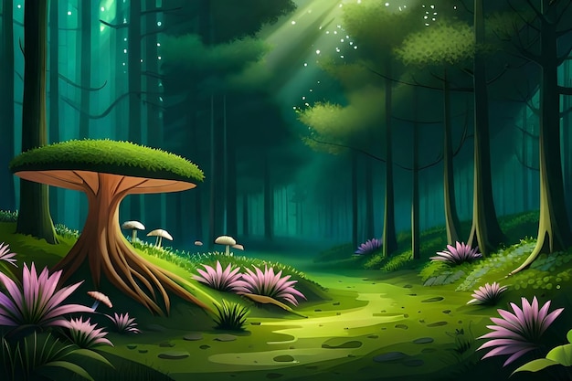 Photo forest with mushrooms and a forest at the back.