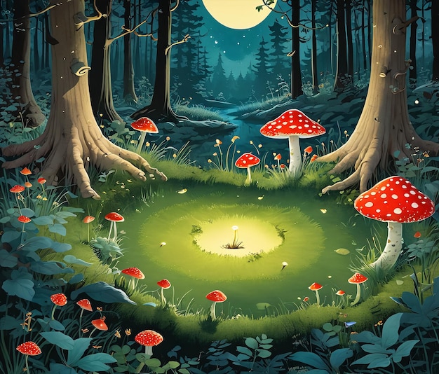 a forest with mushrooms and a full moon