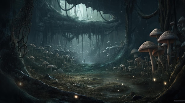 A forest with mushrooms and a man in a hat