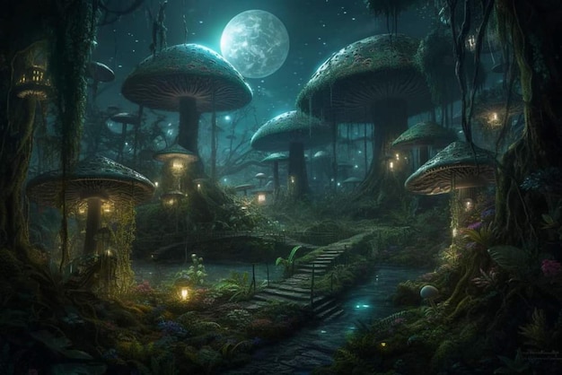 A forest with mushrooms and a moon