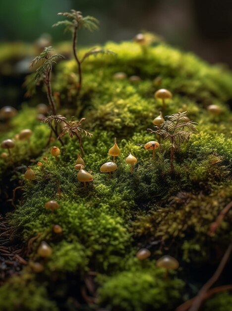 A forest with mushrooms and moss on it